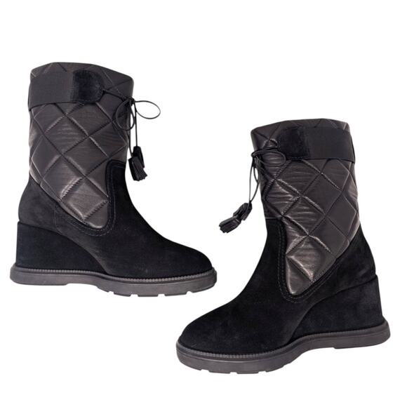 Aquatalia Caliana 8.5 Black Weatherproof Quilted Leather Suede Wedge Boots - Picture 4 of 7